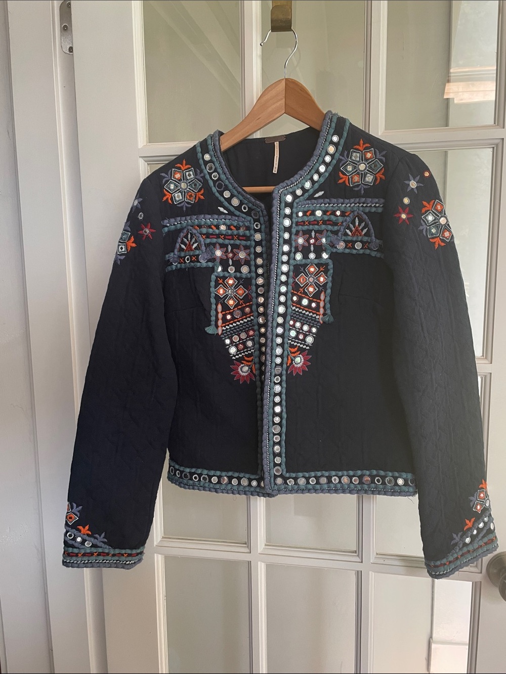 Embroidered Blue Women's Jacket with Beaded Trim